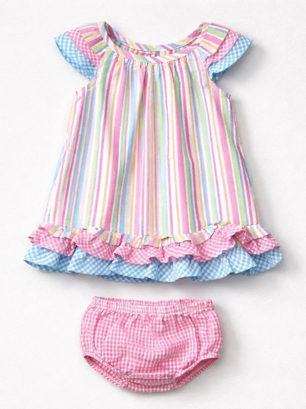 Bonnie Baby pastel multi color striped Searsucker and bloomer set with ruffles